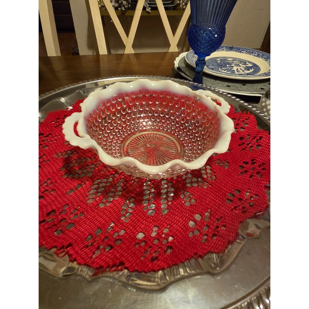 Anchor Hocking Moonstone opalescent hobnail glass ruffled bowl